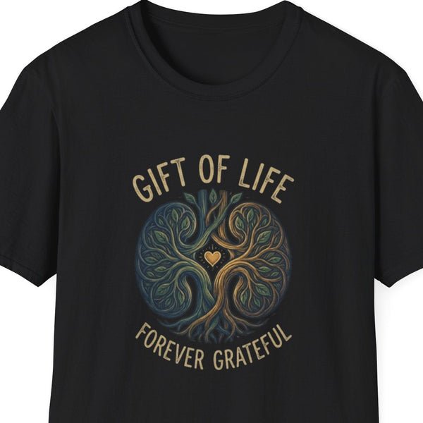 “Tree‑of‑life circle ‘Forever Grateful’ tee, Black color, soft cotton jersey, flat lay”