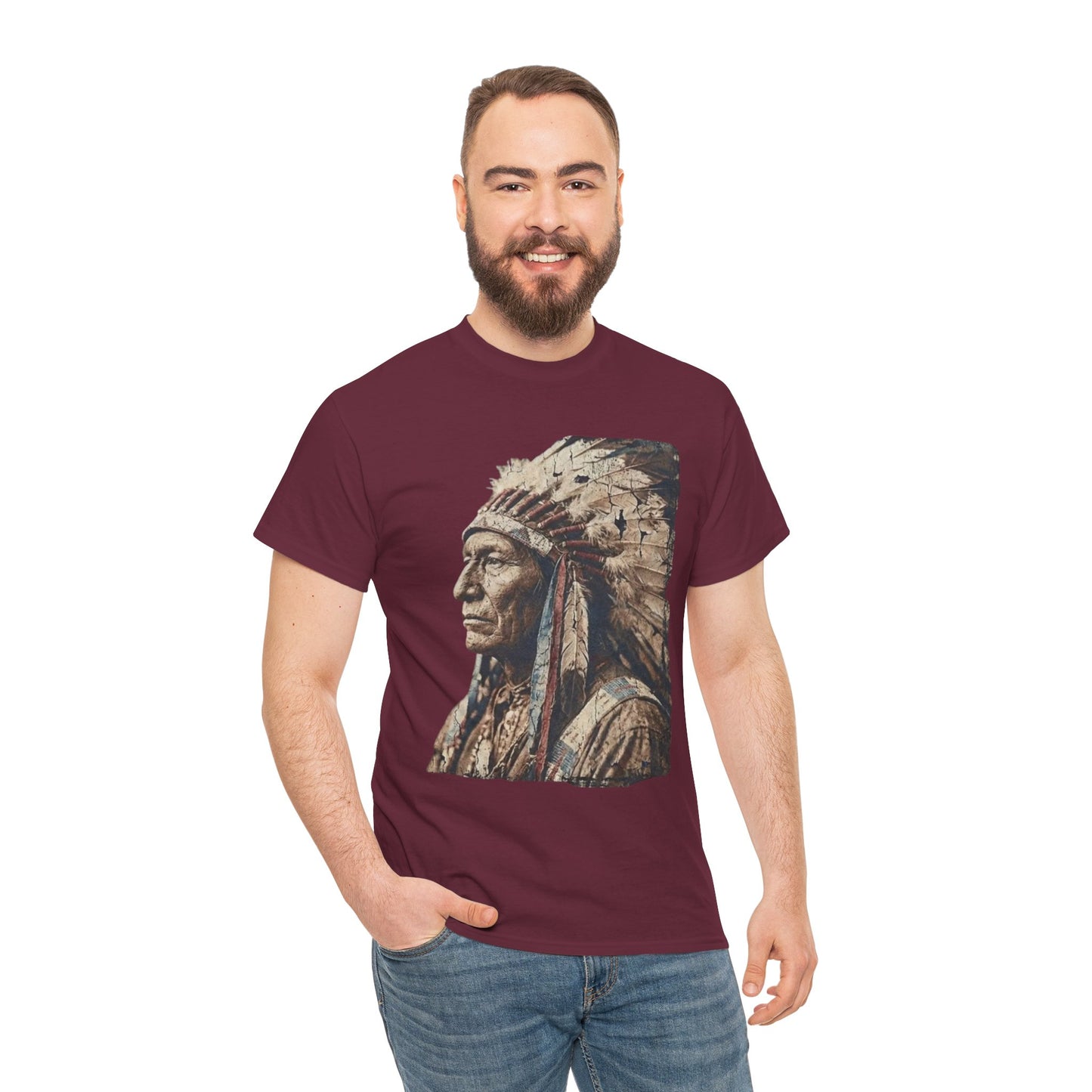 Native Chief Portrait T‑Shirt — Vintage Headdress Graphic Tee