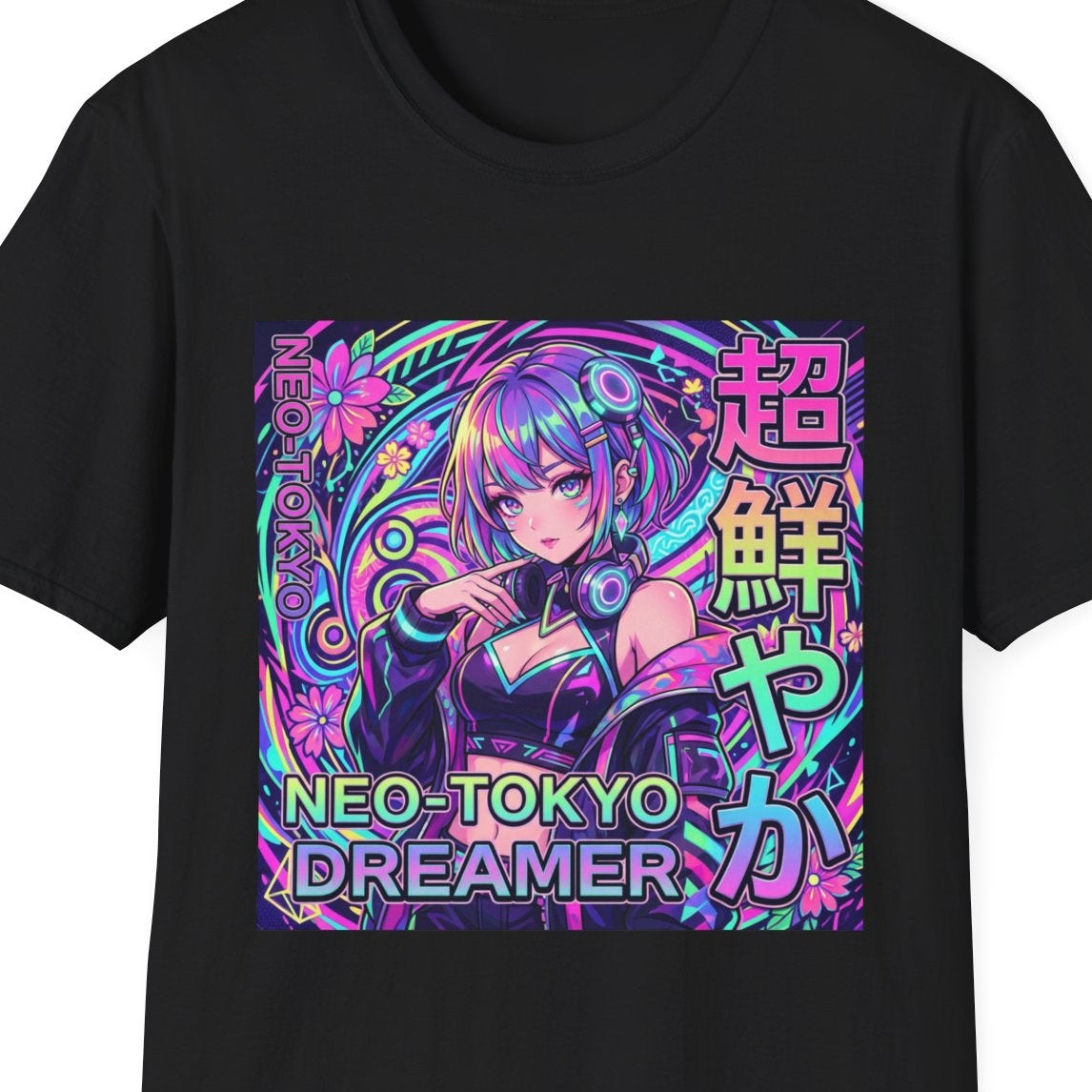 Black t-shirt with a colorful graphic design featuring an anime character and text on a white background.
