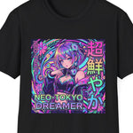“Neo‑Tokyo Dreamer cyberpunk anime girl graphic t‑shirt, black