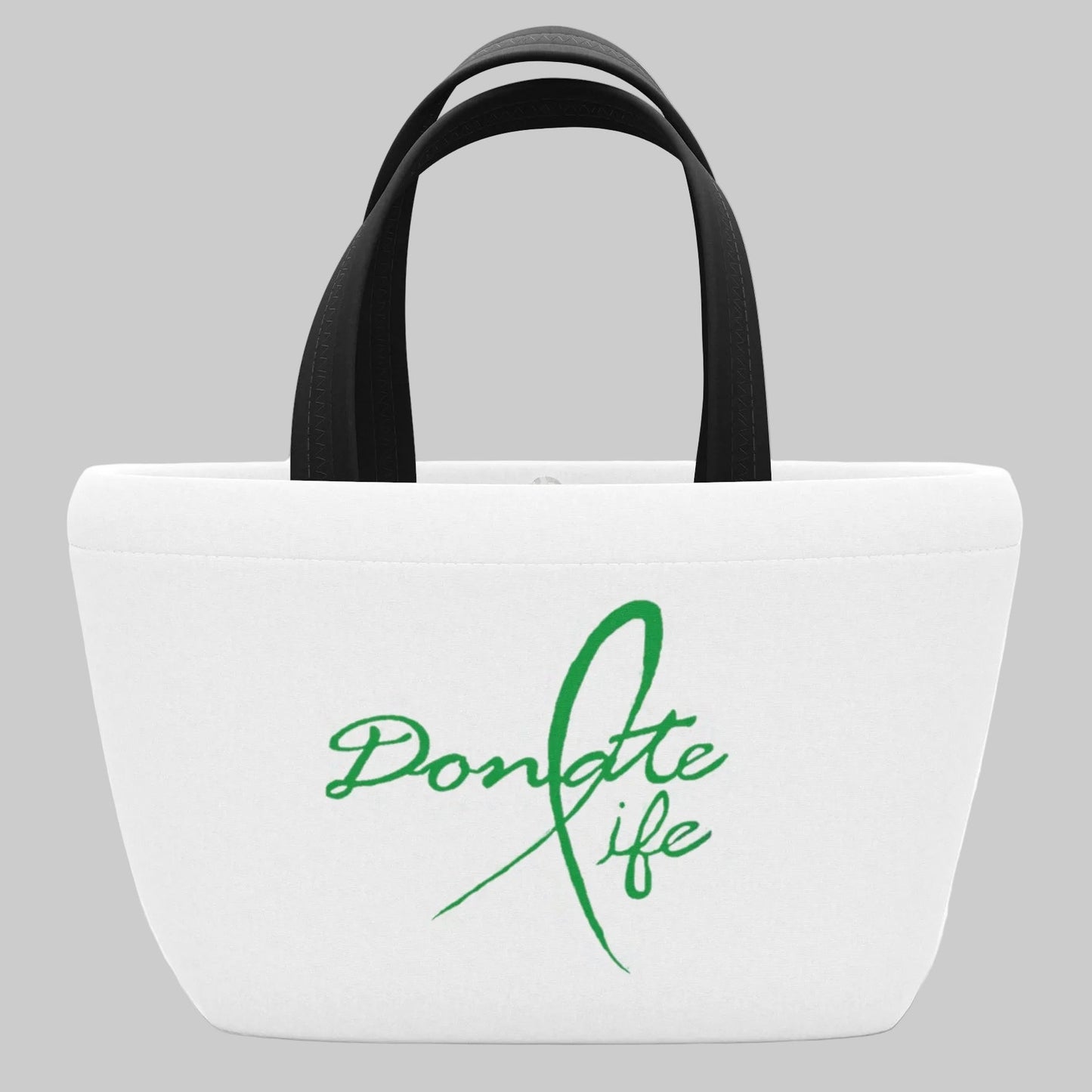 White tote bag with 'Donate Life' text in green on a white background