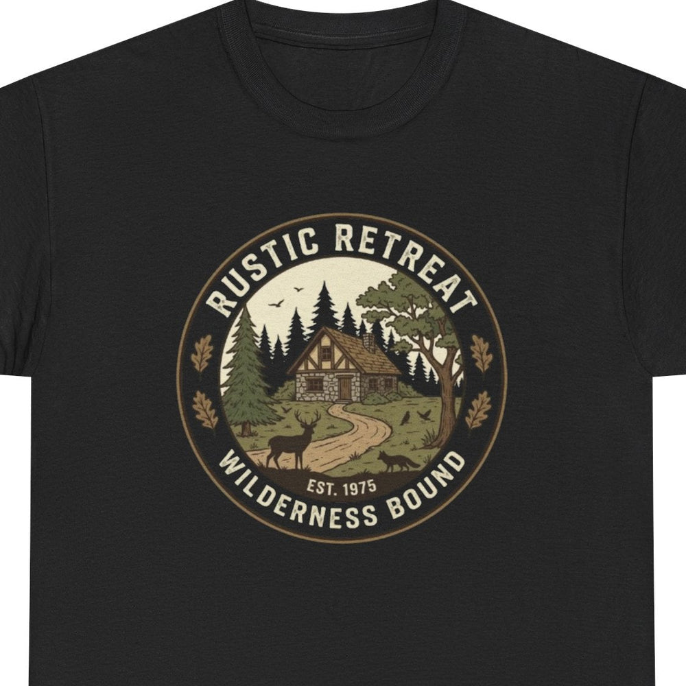 Rustic Retreat Wilderness graphic t‑shirt with cabin and pines, black, unisex, front view”