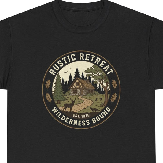 Black t-shirt with 'Rustic Retreat Wilderness Bound' graphic design on a white background