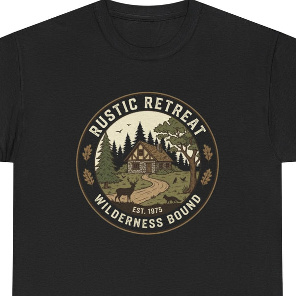 Rustic Retreat Wilderness graphic t‑shirt with cabin and pines, black, unisex, front view”