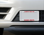 “Scenic Route matte aluminum license plate frame, 12.2×6.3, pre‑drilled holes, vibrant color print”