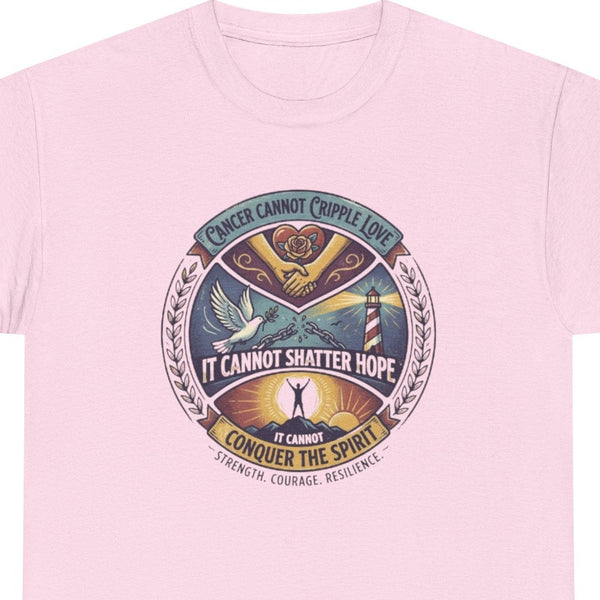 Cancer Cannot Cripple Love Hope Spirit graphic t‑shirt, pink, front view