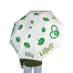 Foldable umbrella with ‘A kidney donor saved my life’ message, semi‑automatic, open canopy view