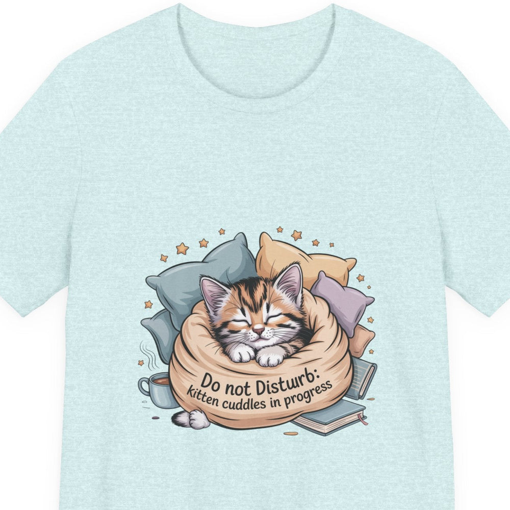 Cat Nap ‘Do Not Disturb: kitten cuddles in progress’ graphic t‑shirt, light blue, front view”