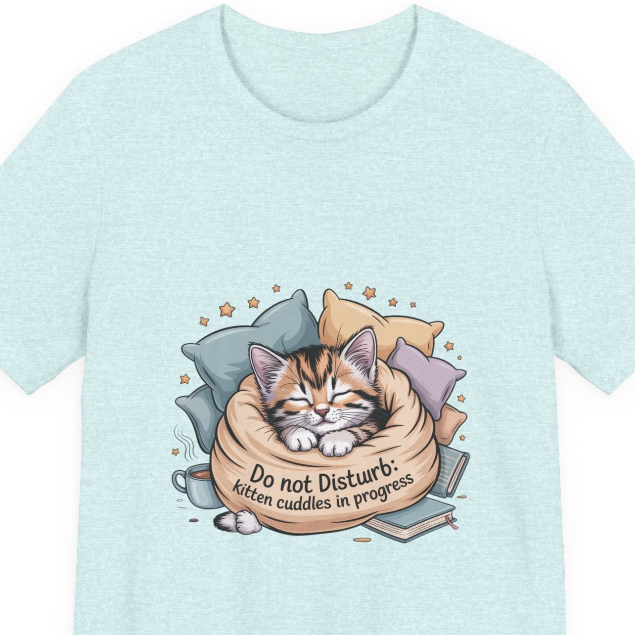 Light blue t-shirt with a cat graphic and text on a white background