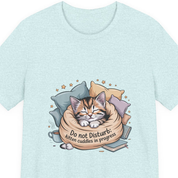 Cat Nap ‘Do Not Disturb: kitten cuddles in progress’ graphic t‑shirt, light blue, front view”