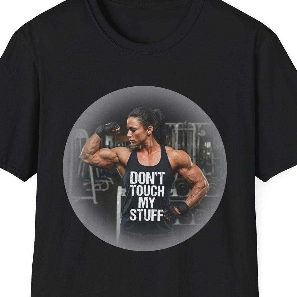 “Gym muscle workout tee with bold DON’T TOUCH MY STUFF text, sport grey”