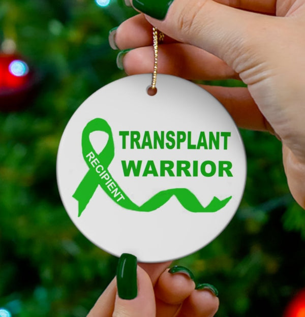 Transplant Warrior round ceramic ornament, glossy, 2.76 inch, gold hanging string