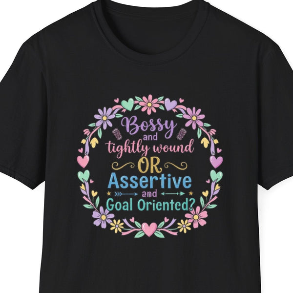 “Assertive & Goal Oriented floral graphic t‑shirt, black, front