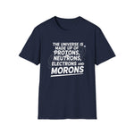“Protons, Neutrons, Electrons & Morons funny science t‑shirt, unisex fit, minimalist front print, black”
