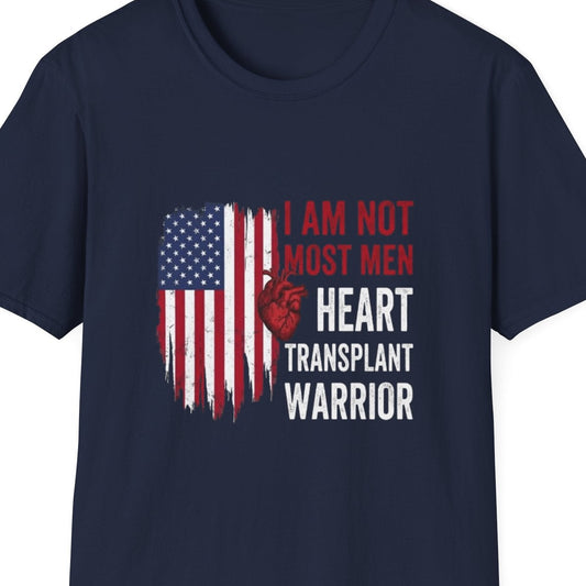 “Heart Transplant Warrior ‘I am not most men’ tee, Blue, soft cotton jersey, flat lay
