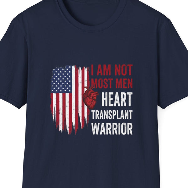“Heart Transplant Warrior ‘I am not most men’ tee, Blue, soft cotton jersey, flat lay