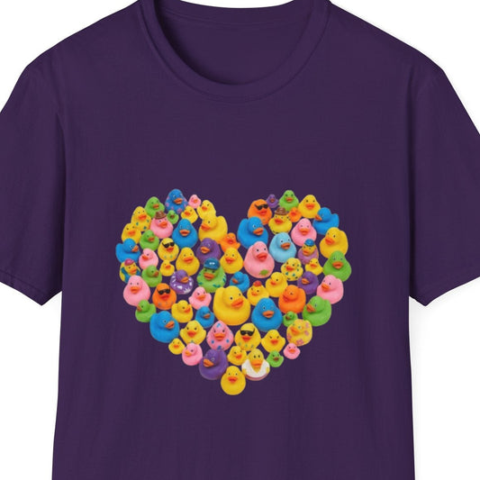 Purple t-shirt with a colorful heart-shaped design on a white background