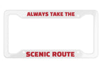 “Scenic Route matte aluminum license plate frame, 12.2×6.3, pre‑drilled holes, vibrant color print”