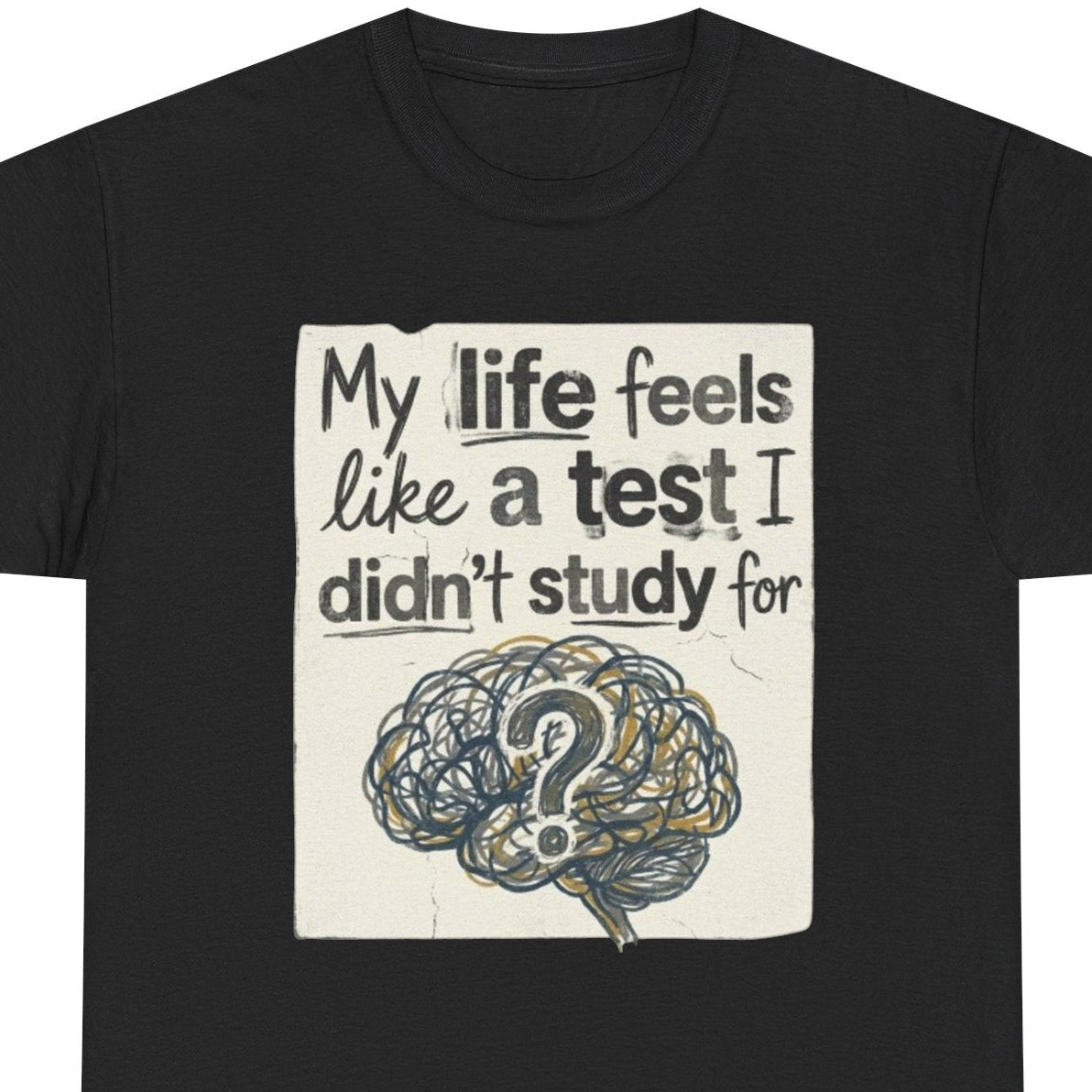 Black t-shirt with a graphic design and text on a white background