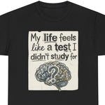 “Brain with question‑mark ‘didn’t study’ slogan tee, Black, midweight cotton, flat lay”