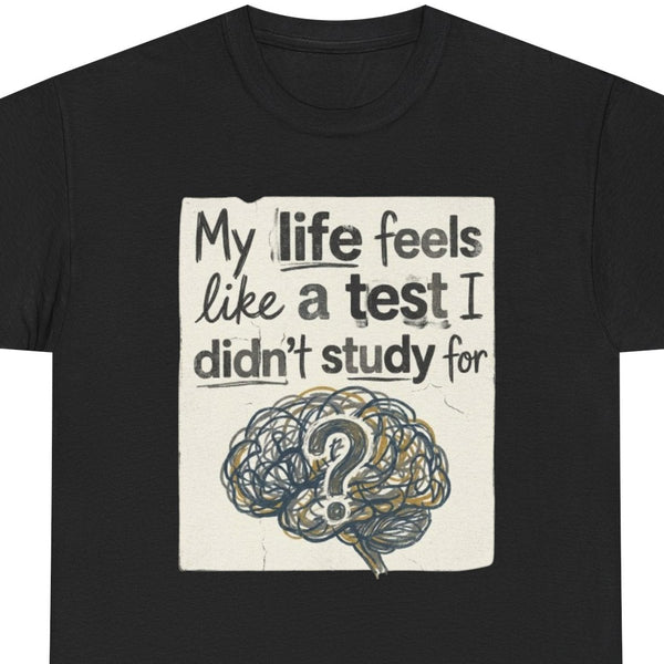 “Brain with question‑mark ‘didn’t study’ slogan tee, Black, midweight cotton, flat lay”