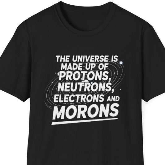 Black t-shirt with white text on a white background