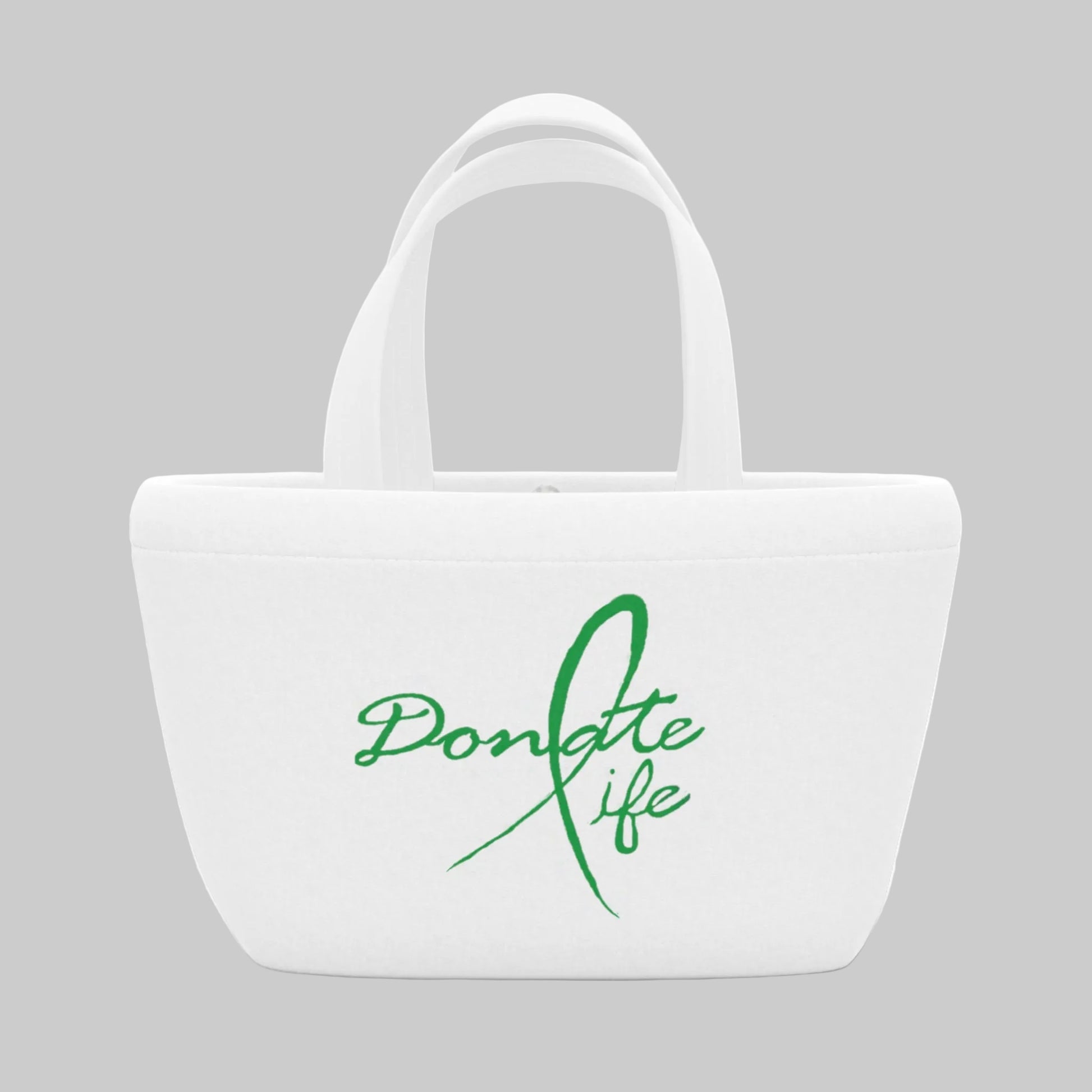 White tote bag with 'Donate Life' text in green on a white background