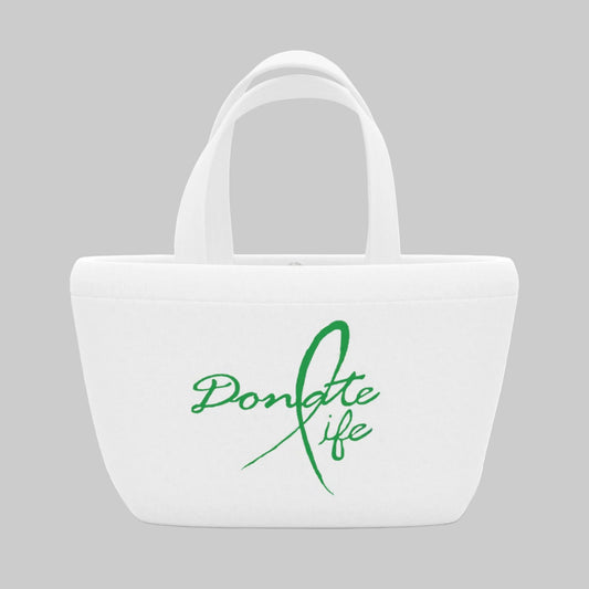White tote bag with 'Donate Life' text in green on a white background