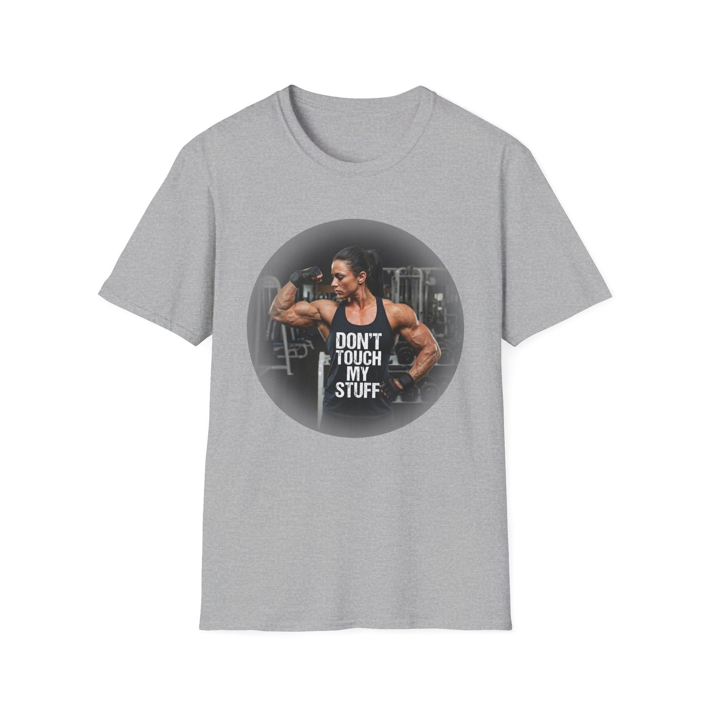 Gray t-shirt with a graphic of a muscular man and 'Don't Touch My Stuff' text on a white background