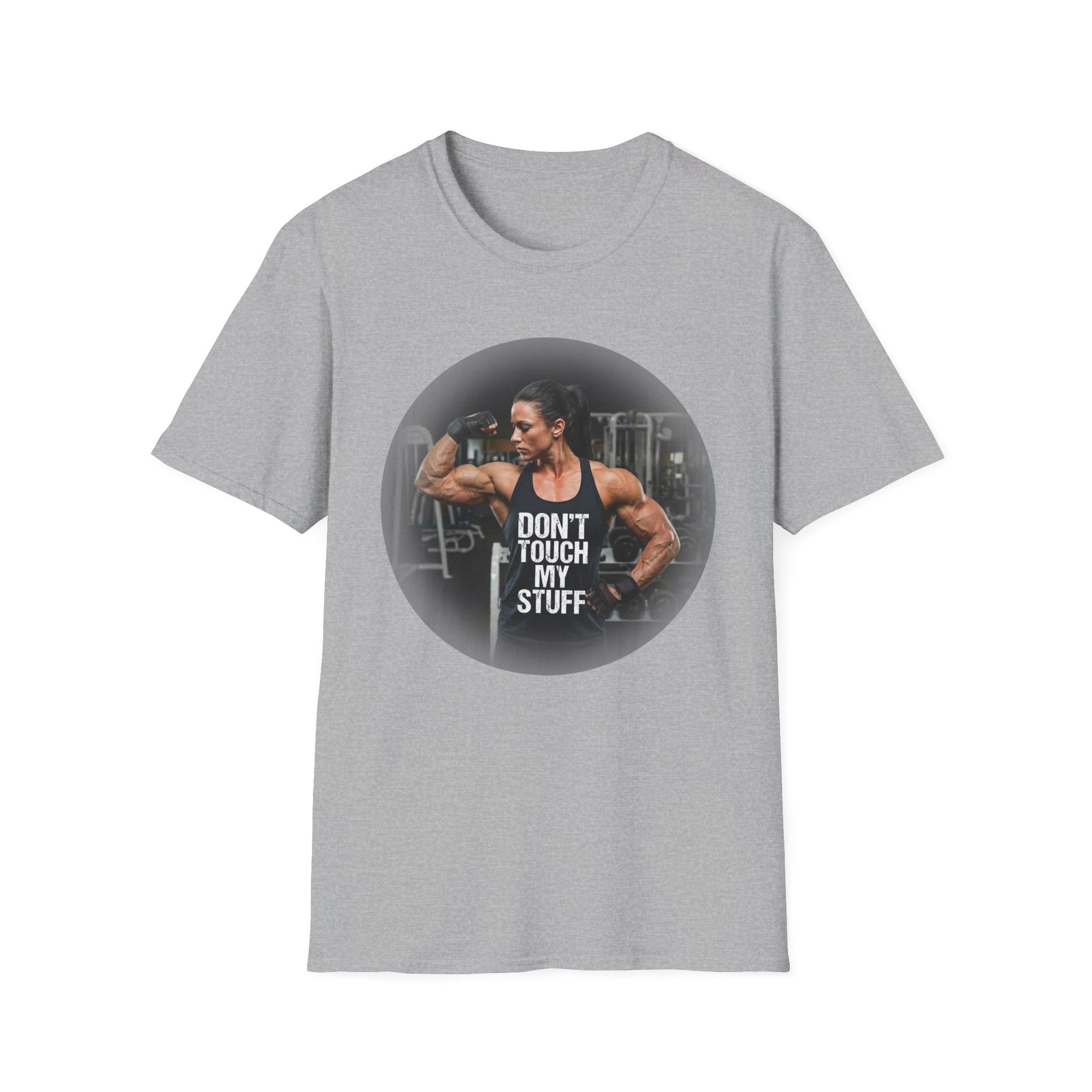 Gray t-shirt with a graphic of a muscular man and 'Don't Touch My Stuff' text on a white background