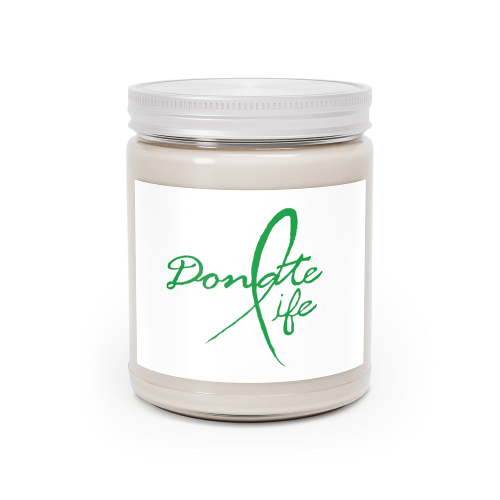 “9oz scented soy candle in clear glass jar with cotton wick, natural wax color, permanent label”