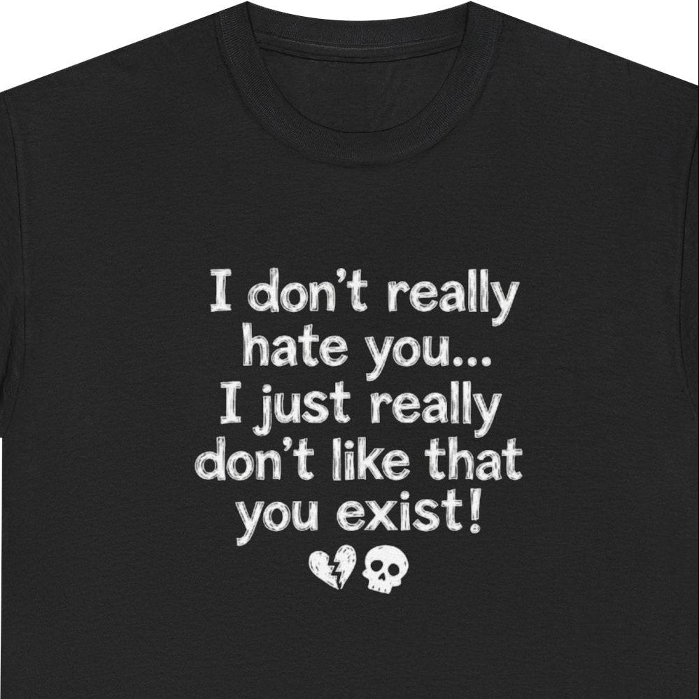 Black t-shirt with white text and a broken heart symbol on a white background