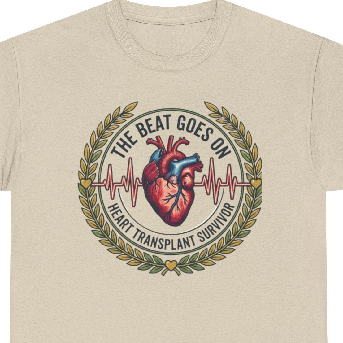 Beige t-shirt with a heart design and text on a white background