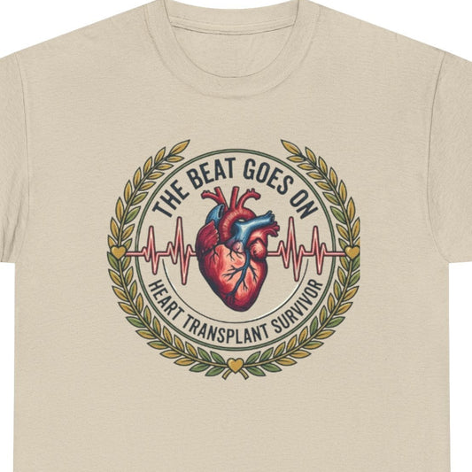 Beige t-shirt with a heart design and text on a white background
