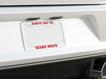 “Scenic Route matte aluminum license plate frame, 12.2×6.3, pre‑drilled holes, vibrant color print”