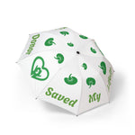 Foldable umbrella with ‘A kidney donor saved my life’ message, semi‑automatic, open canopy view