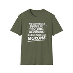 “Protons, Neutrons, Electrons & Morons funny science t‑shirt, unisex fit, minimalist front print, black”