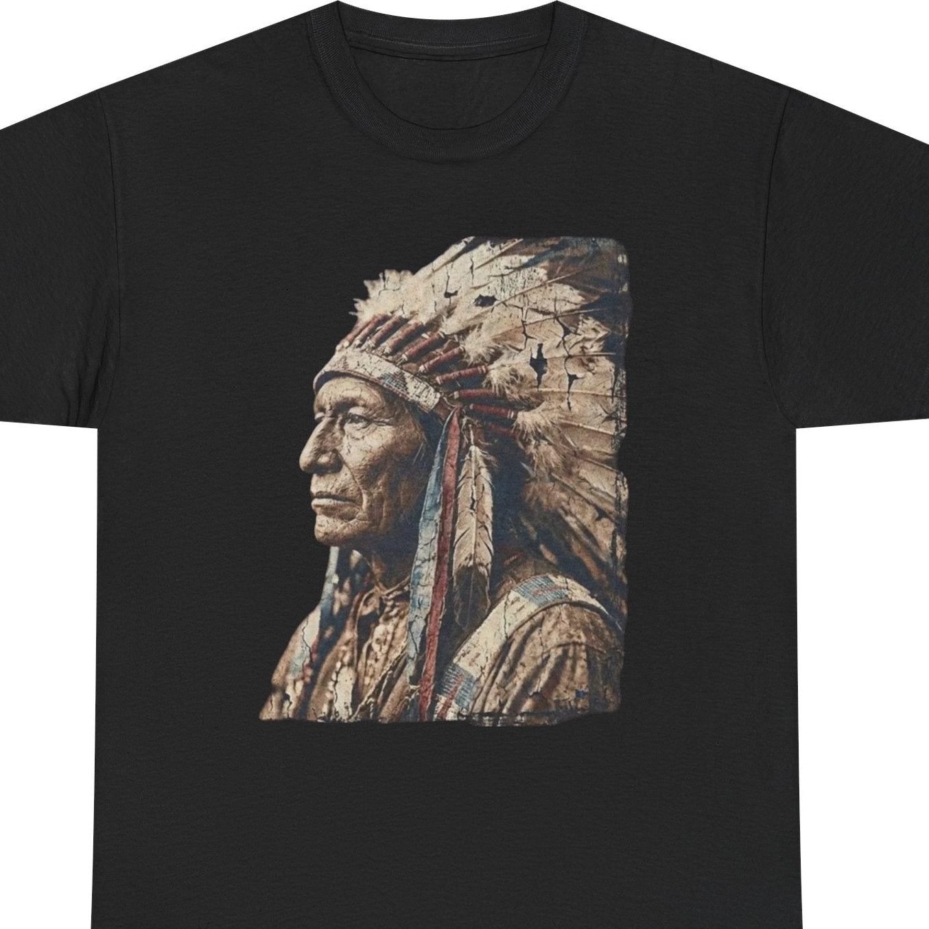 Black t-shirt with a graphic of a Native American chief on a white background