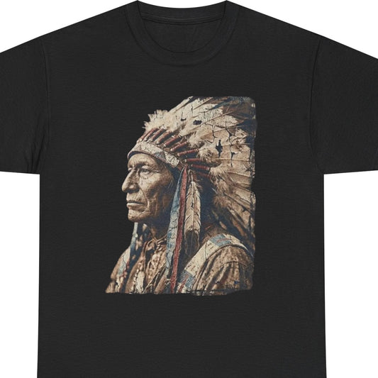 Black t-shirt with a graphic of a Native American chief on a white background