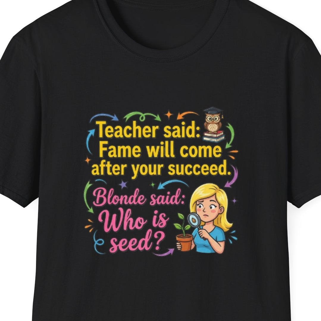 Black t-shirt with colorful graphic and text on a white background