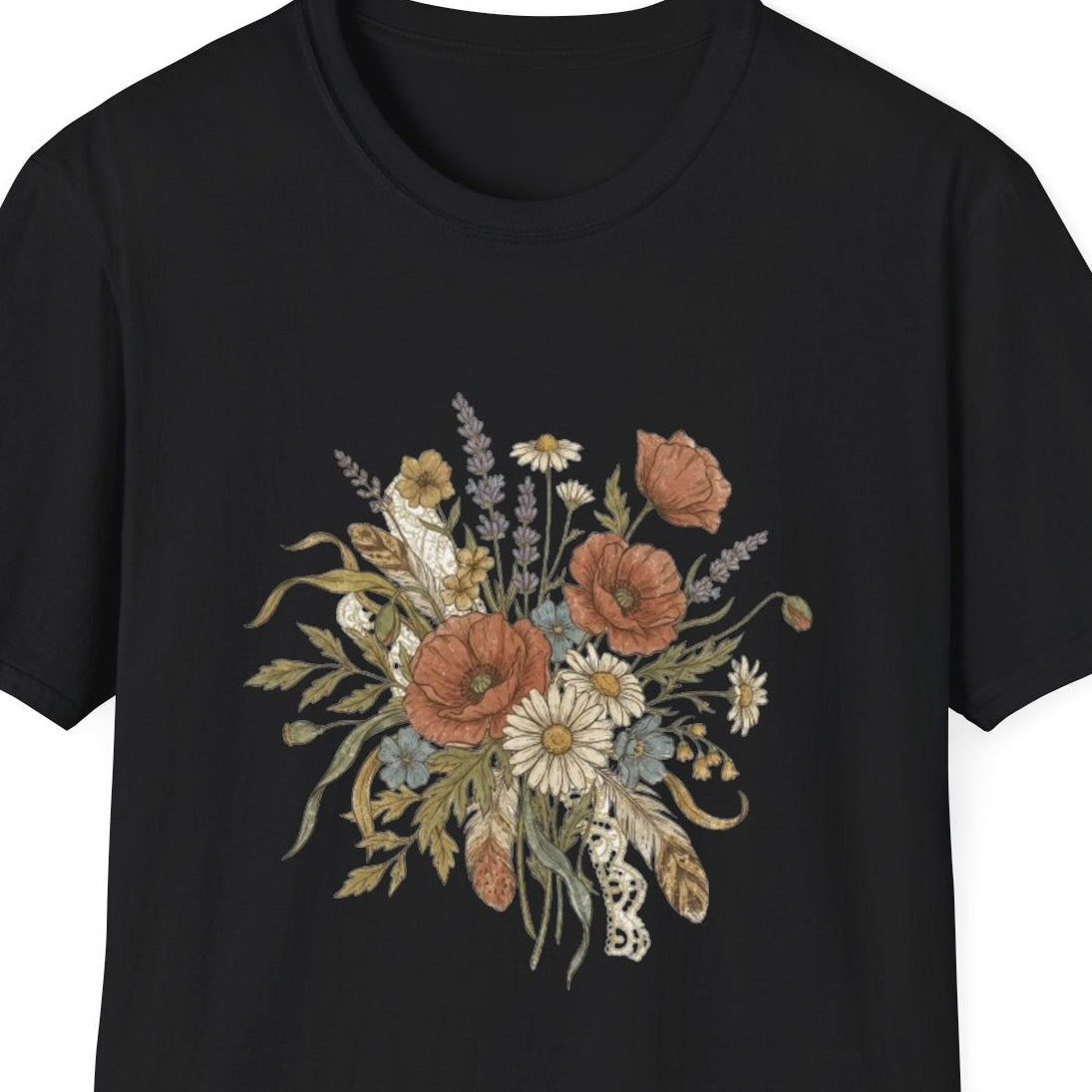Black t-shirt with a floral design on a white background