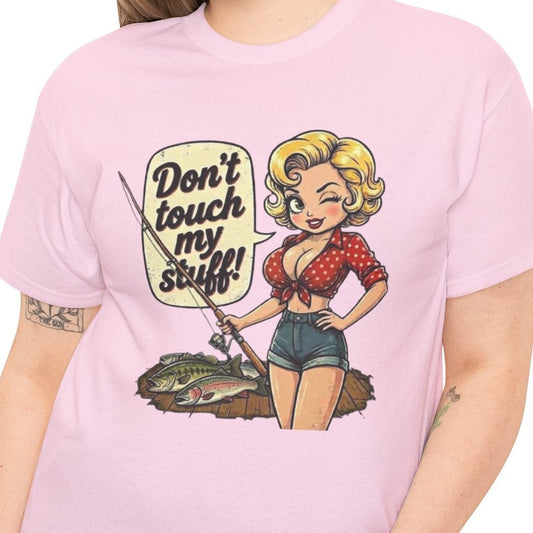 Person wearing a pink t-shirt with a graphic design and text on a white background