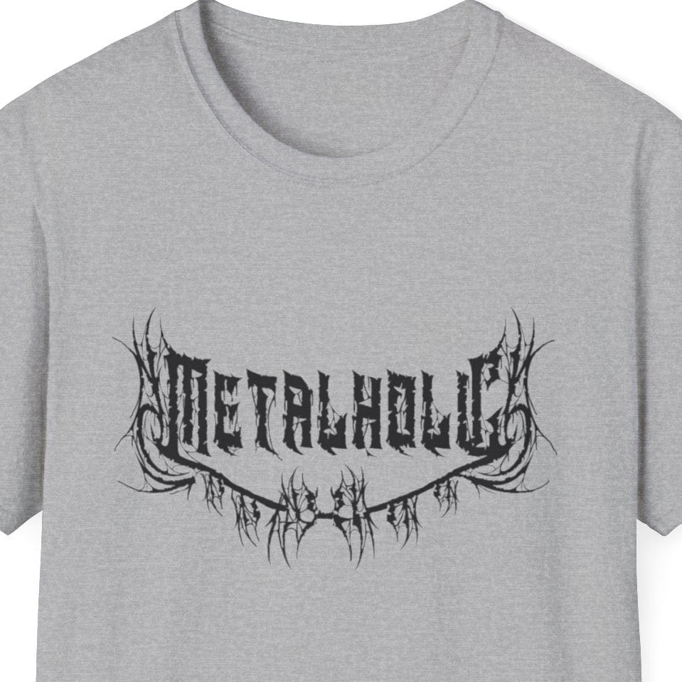 Gray t-shirt with 'Metalholic' graphic design on a white background