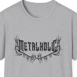 “Metalholic graphic t‑shirt with black‑metal wordmark, grey”