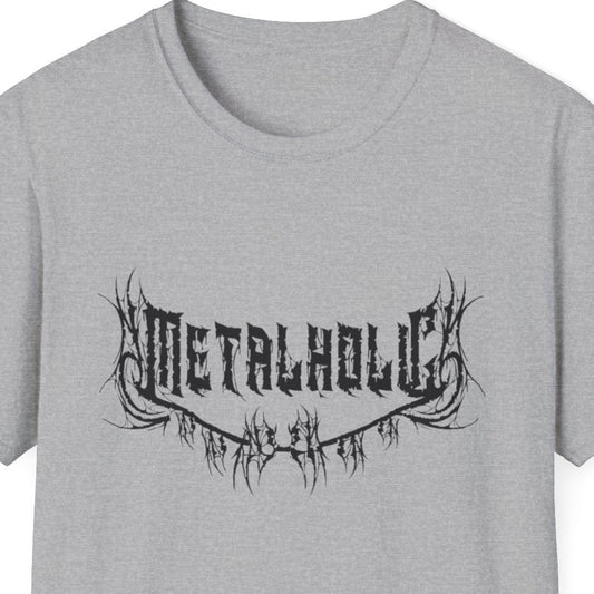 Gray t-shirt with 'Metalholic' graphic design on a white background