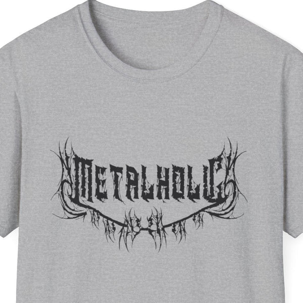 “Metalholic graphic t‑shirt with black‑metal wordmark, grey”