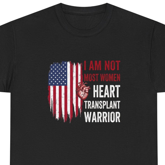 Black t-shirt with American flag design and text on a white background