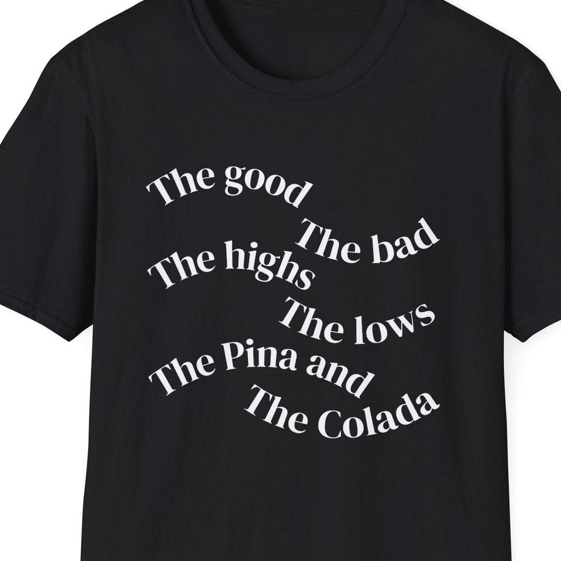 Black t-shirt with white text on a white background