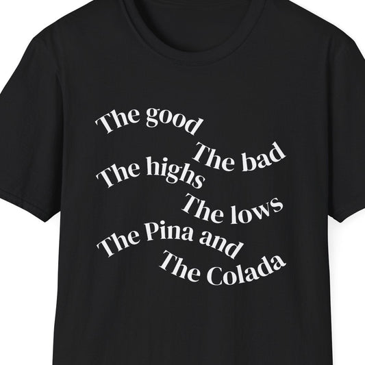 Black t-shirt with white text on a white background