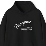“Progress Over Perfection" minimal‑script hoodie, Black, unisex S–5XL, kangaroo pocket and color‑matched drawcord